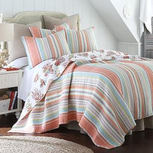 Levtex Home Brighton Coral Twin Cotton Quilt Set Stripe Coastal