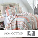 Levtex Home Brighton Coral Twin Cotton Quilt Set Stripe Coastal