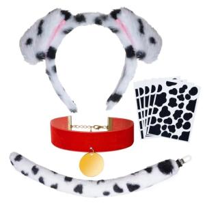 Jmkcoz Halloween Dalmatian Costume Set Puppy Dog Ear Headband and Tail Velvet Choker Stickers for 100 Days of School Dress Up (Style 1)