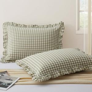 KKJIAF 2 Pcs Plaid Ruffle Pillow Case Standard Size, Cotton Gingham Ruffled Euro Sham Pillow Covers 20x26 Inch, Linen Feel Plaid Bed Pillow Shams with Envelope Closure for Sofa Bed (Sage Green Plaid)