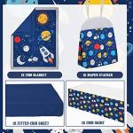 Rtteri 4 Pieces Baby Crib Bedding Set, Nursery Bedding Standard Size Soft Baby Bedding Set Including Crib Skirt, Blanket, Sheet and Diaper Stacker for Girls and Boys(Space)