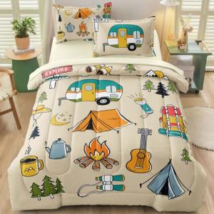 SIRDO 5 Pcs Camping Decor Comforter Set Twin Size for Kids Teen Boys and Girls Room Decor, Camper Accessories for Travel Trailers Themed Bedding Bed in A Bag