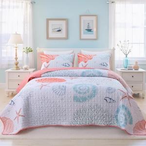 Heymybed Coastal Quilt Set Queen Size Beach Coverlet Pink Starfish Coral Seashell Bedspread Ocean Beach Themed Bed Cover Microfiber Soft Lightweight Bedding Sets for All Seasons (96"×90")