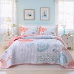 Heymybed Coastal Quilt Set Queen Size Beach Coverlet Pink Starfish Coral Seashell Bedspread Ocean Beach Themed Bed Cover Microfiber Soft Lightweight Bedding Sets for All Seasons (96"×90")
