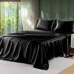 Sasttie Satin Sheets Full - 4 Pieces Luxury Soft Black Silky Bed Sheets Set with Pillowcases - Smooth Silk-Like Satin Fabric, Reinforced 14 Inches Pocket, Oeko-Tex Certified