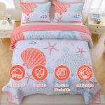 Heymybed Coastal Quilt Set Queen Size Beach Coverlet Pink Starfish Coral Seashell Bedspread Ocean Beach Themed Bed Cover Microfiber Soft Lightweight Bedding Sets for All Seasons (96"×90")