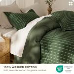 Bedsure Striped Duvet Cover Queen Size,100% Washed Cotton Duvet Cover Linen Like Textured, Classic Striped Pattern Enhances Bedroom Comfort and Style, Stripes Olive Green, 90"x90"