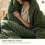 Bedsure Striped Duvet Cover Queen Size,100% Washed Cotton Duvet Cover Linen Like Textured, Classic Striped Pattern Enhances Bedroom Comfort and Style, Stripes Olive Green, 90"x90"