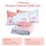 Heymybed Coastal Quilt Set Queen Size Beach Coverlet Pink Starfish Coral Seashell Bedspread Ocean Beach Themed Bed Cover Microfiber Soft Lightweight Bedding Sets for All Seasons (96"×90")