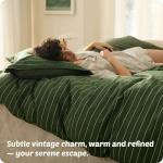 Bedsure Striped Duvet Cover Queen Size,100% Washed Cotton Duvet Cover Linen Like Textured, Classic Striped Pattern Enhances Bedroom Comfort and Style, Stripes Olive Green, 90"x90"