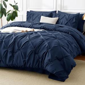 CozyLux King Size Comforter Set Navy Blue, Pintuck Bed in A Bag 7 Pieces, Pinch Pleat Blue Comforter King Size, Bedding Sets with Comforter, Sheets, Pillowcases & Shams