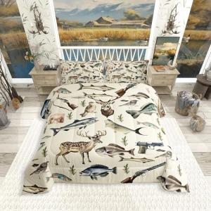 Erosebridal Hunting and Fishing Twin Bedding Set,Deer Hunting Comforter Set for Kids Boys Girls,Big Bass Pike Fish Comforter,Rustic Cabin Lake House Bedroom Room Decor,1 Pillowcase Breathable