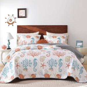 Djoymock Coastal Quilt Set Queen Size, 3 Pcs Summer Orange Beach Theme Bedding Set with Pillowcases Reversible Microfiber Ocean Comforter Set Nautical Lightweight Bedspread Coverlet Set for All Season