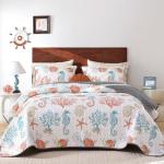 Djoymock Coastal Quilt Set Queen Size, 3 Pcs Summer Orange Beach Theme Bedding Set with Pillowcases Reversible Microfiber Ocean Comforter Set Nautical Lightweight Bedspread Coverlet Set for All Season
