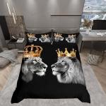 Wild Lion Animal Duvet Cover Queen Size,Golden Crown Print King and Queen Theme Bedding Set for Xmas Bedroom, Tropical African Style Microfiber Comforter Cover with 2 Pillowcases (No Comforter)