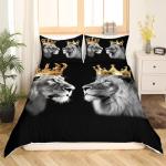 Wild Lion Animal Duvet Cover Queen Size,Golden Crown Print King and Queen Theme Bedding Set for Xmas Bedroom, Tropical African Style Microfiber Comforter Cover with 2 Pillowcases (No Comforter)