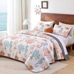 Djoymock Coastal Quilt Set Queen Size, 3 Pcs Summer Orange Beach Theme Bedding Set with Pillowcases Reversible Microfiber Ocean Comforter Set Nautical Lightweight Bedspread Coverlet Set for All Season