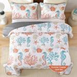 Djoymock Coastal Quilt Set Queen Size, 3 Pcs Summer Orange Beach Theme Bedding Set with Pillowcases Reversible Microfiber Ocean Comforter Set Nautical Lightweight Bedspread Coverlet Set for All Season