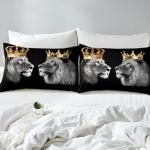 Wild Lion Animal Duvet Cover Queen Size,Golden Crown Print King and Queen Theme Bedding Set for Xmas Bedroom, Tropical African Style Microfiber Comforter Cover with 2 Pillowcases (No Comforter)