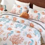 Djoymock Coastal Quilt Set Queen Size, 3 Pcs Summer Orange Beach Theme Bedding Set with Pillowcases Reversible Microfiber Ocean Comforter Set Nautical Lightweight Bedspread Coverlet Set for All Season