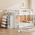 White Twin Over Twin Low Bunk Bed with Storage