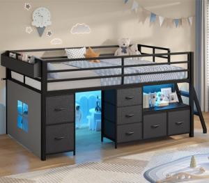 Twin Low Loft Bed with Storage and Lights