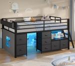 Twin Low Loft Bed with Storage and Lights