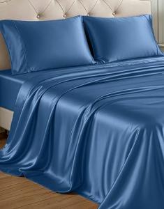 Dark Blue Satin Twin Sheets with Deep Pockets