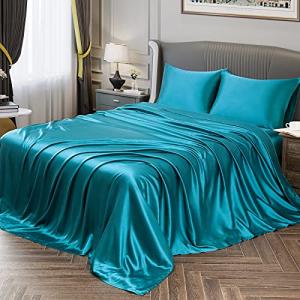 Teal Satin Sheet Set for California King Bed
