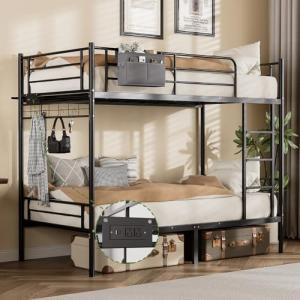 LIPIGE Bunk Bed Twin Over Twin,Bunk Bed with Power Outlet and LED Lights,Heavy-Duty Safety Metal Rails Ladder,Space-Saving Design with Storage Hooks,440lbs Capacity,Black