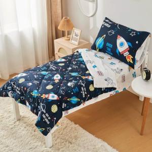beeweed 2 Sides Design Rocket Toddler Comforter Set, 4 Pieces Space Ship Toddler Bedding Set Boys Girls, Includes Comforter, Fitted Sheet, Flat Sheet & Reversible Pillowcase