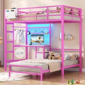 DICTAC Twin Over Twin Bunk Bed with Desk and Storage Metal L-Shaped Bunk Beds with Led Lights & Charging Station,Pink bunk Beds for Kids with Safety Guardrail and Ladder,Girls Bed,No Box Spring Needed