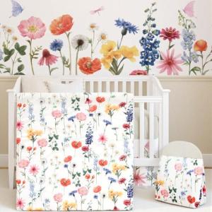 Oudain 4 Piece Spring Flower Crib Bedding Set Including Spring Wild Flower Crib Skirt, Blanket, Sheet and Diaper Stacker, Soft Neutral Nursery Standard Size Baby Bedding for Baby Girls and Boys