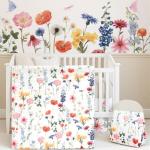 Oudain 4 Piece Spring Flower Crib Bedding Set Including Spring Wild Flower Crib Skirt, Blanket, Sheet and Diaper Stacker, Soft Neutral Nursery Standard Size Baby Bedding for Baby Girls and Boys