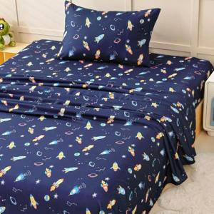 Swiftify Twin Bed Sheets Set for Boys, 3-Piece Bed Sheet Set for Toddler, Soft Brushed Microfiber Bedding, Deep Pocket, Wrinkle & Fade Resistant, Space Rocket