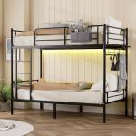 LIPIGE Bunk Bed Twin Over Twin,Bunk Bed with Power Outlet and LED Lights,Heavy-Duty Safety Metal Rails Ladder,Space-Saving Design with Storage Hooks,440lbs Capacity,Black