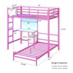 DICTAC Twin Over Twin Bunk Bed with Desk and Storage Metal L-Shaped Bunk Beds with Led Lights & Charging Station,Pink bunk Beds for Kids with Safety Guardrail and Ladder,Girls Bed,No Box Spring Needed