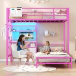 DICTAC Twin Over Twin Bunk Bed with Desk and Storage Metal L-Shaped Bunk Beds with Led Lights & Charging Station,Pink bunk Beds for Kids with Safety Guardrail and Ladder,Girls Bed,No Box Spring Needed
