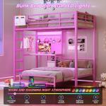 DICTAC Twin Over Twin Bunk Bed with Desk and Storage Metal L-Shaped Bunk Beds with Led Lights & Charging Station,Pink bunk Beds for Kids with Safety Guardrail and Ladder,Girls Bed,No Box Spring Needed