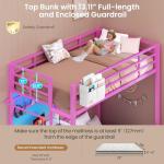 DICTAC Twin Over Twin Bunk Bed with Desk and Storage Metal L-Shaped Bunk Beds with Led Lights & Charging Station,Pink bunk Beds for Kids with Safety Guardrail and Ladder,Girls Bed,No Box Spring Needed