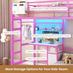 DICTAC Twin Over Twin Bunk Bed with Desk and Storage Metal L-Shaped Bunk Beds with Led Lights & Charging Station,Pink bunk Beds for Kids with Safety Guardrail and Ladder,Girls Bed,No Box Spring Needed