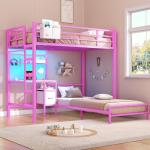 DICTAC Twin Over Twin Bunk Bed with Desk and Storage Metal L-Shaped Bunk Beds with Led Lights & Charging Station,Pink bunk Beds for Kids with Safety Guardrail and Ladder,Girls Bed,No Box Spring Needed