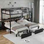 Harper & Bright Designs Triple Bunk Bed for Kids, Full XL Over Twin Over Twin Metal Bunk Beds with Drawers & 2 Shelves & USB, Triple Bunk Beds for Kids,Teens, Adults, Black