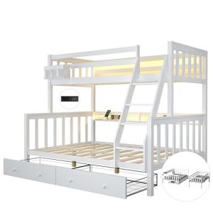 FJTJBSI Solid Wood Bunk Bed with Charging Station and LED Lights Detachable Bunk Bed Twin Over Twin with 2 Storage Drawers Full Size Bed Frame with Guardrail and Ladder for Kids Adults Bedroom