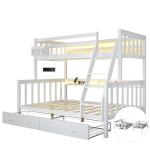 FJTJBSI Solid Wood Bunk Bed with Charging Station and LED Lights Detachable Bunk Bed Twin Over Twin with 2 Storage Drawers Full Size Bed Frame with Guardrail and Ladder for Kids Adults Bedroom