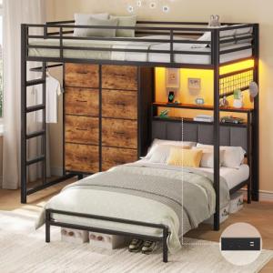 Twin Over Twin Bunk Bed with 8 Storage Drawers, Upholstered Storage Headboard, Charging Station and LED Lights, Heavy-Duty Metal Bunk Bed with Safety Guardrail & Ladder, Twin Bunk Beds for Kids, Teens