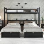 Harper & Bright Designs Triple Bunk Bed for Kids, Full XL Over Twin Over Twin Metal Bunk Beds with Drawers & 2 Shelves & USB, Triple Bunk Beds for Kids,Teens, Adults, Black