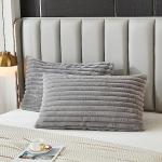 Uhamho Bed Pillowcase Standard Set of 2 Striped Faux Rabbit Fur and Velvet Back Rectangle Lumbar Pillow Covers Shams Modern Home Decorative (Light Gray, 20 x 26 Inch)