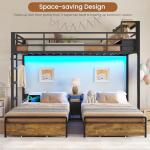 DICTAC Triple Bunk Bed for Kids with Storage Drawers and Charging Station Twin Over Twin Metal Bunk Bed with Storage Shelves and Box,3 Beds with Guardrails and Ladder, No Box Spring Needed, Black