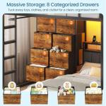 Twin Over Twin Bunk Bed with 8 Storage Drawers, Upholstered Storage Headboard, Charging Station and LED Lights, Heavy-Duty Metal Bunk Bed with Safety Guardrail & Ladder, Twin Bunk Beds for Kids, Teens